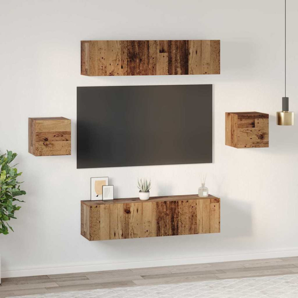 Produktbild för TV-bänkset Väggmonterad 6 pcs Gammalt trä Konstruerat trä