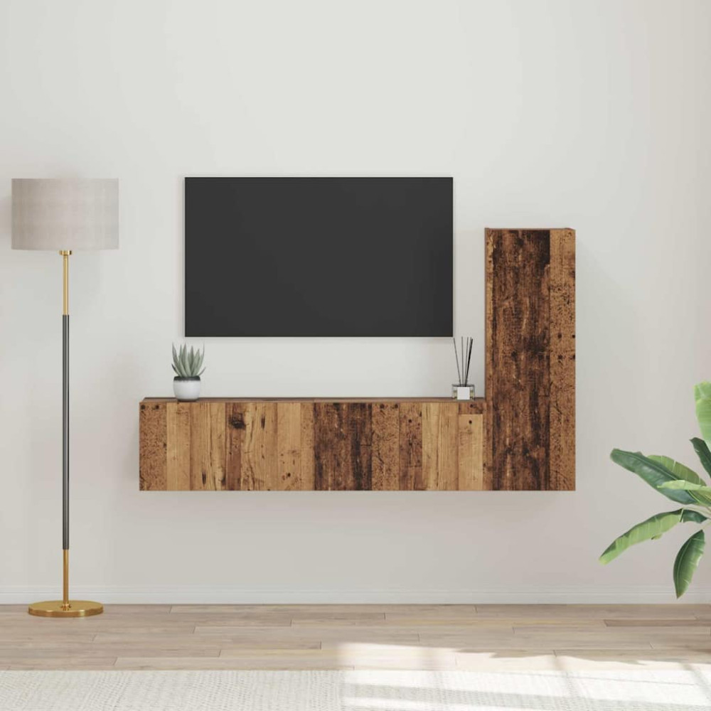Produktbild för TV-bänkset Väggmonterad 3 pcs Gammalt trä Konstruerat trä