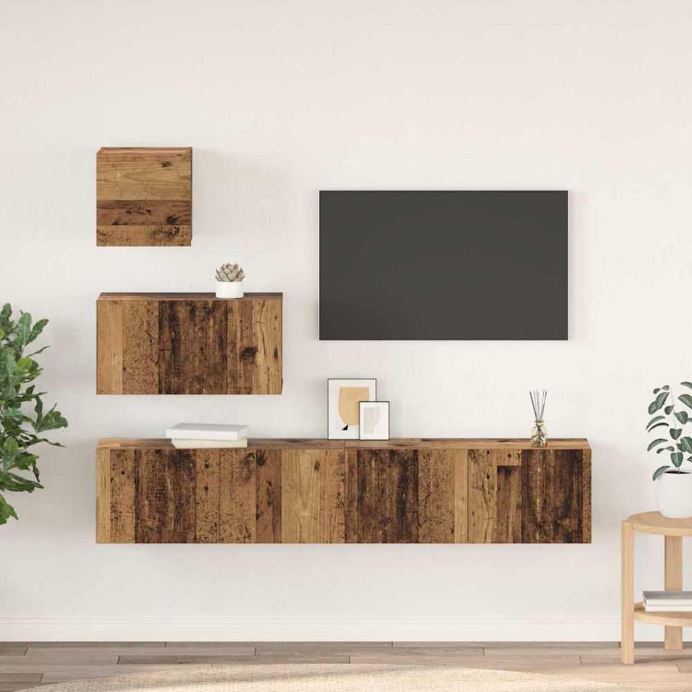 Produktbild för TV-bänkset Väggmonterad 4 pcs Gammalt trä Konstruerat trä