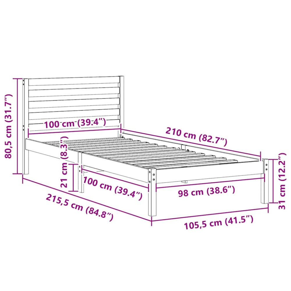 Produktbild för Sängram med huvudgavel Vaxbrun 100 x 210 cm Massiv furu
