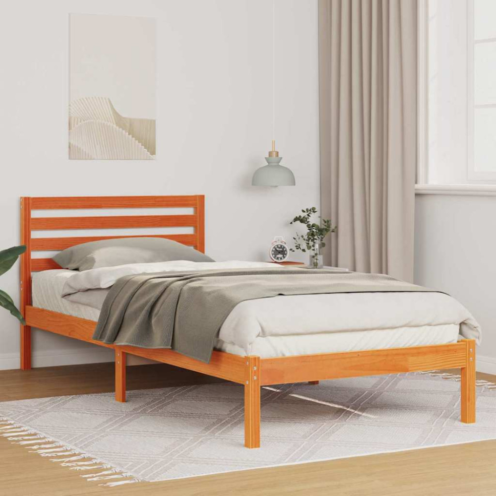 Produktbild för Sängram med huvudgavel Vaxbrun 90 x 220 cm Massiv furu