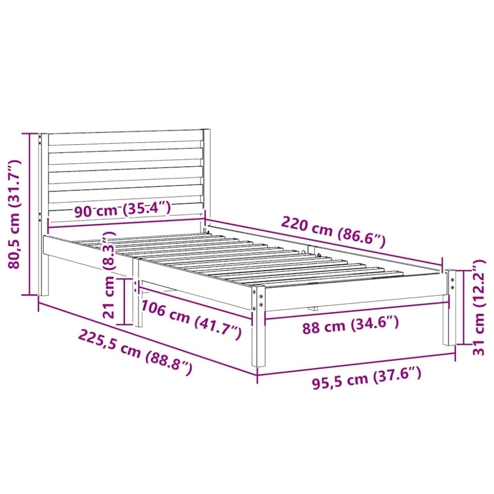 Produktbild för Sängram med huvudgavel Vaxbrun 90 x 220 cm Massiv furu