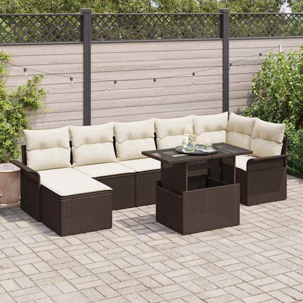 Produktbild för Trädgårdsoffset med kudde 8 pcs Brun Poly rattan