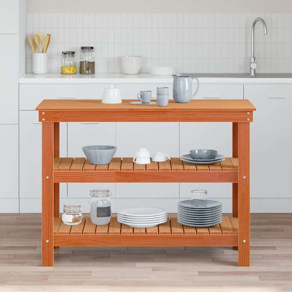 Produktbild för Arbetsbänk med hylla Vaxbrun 110,5 x 50 x 80 cm Massiv furu