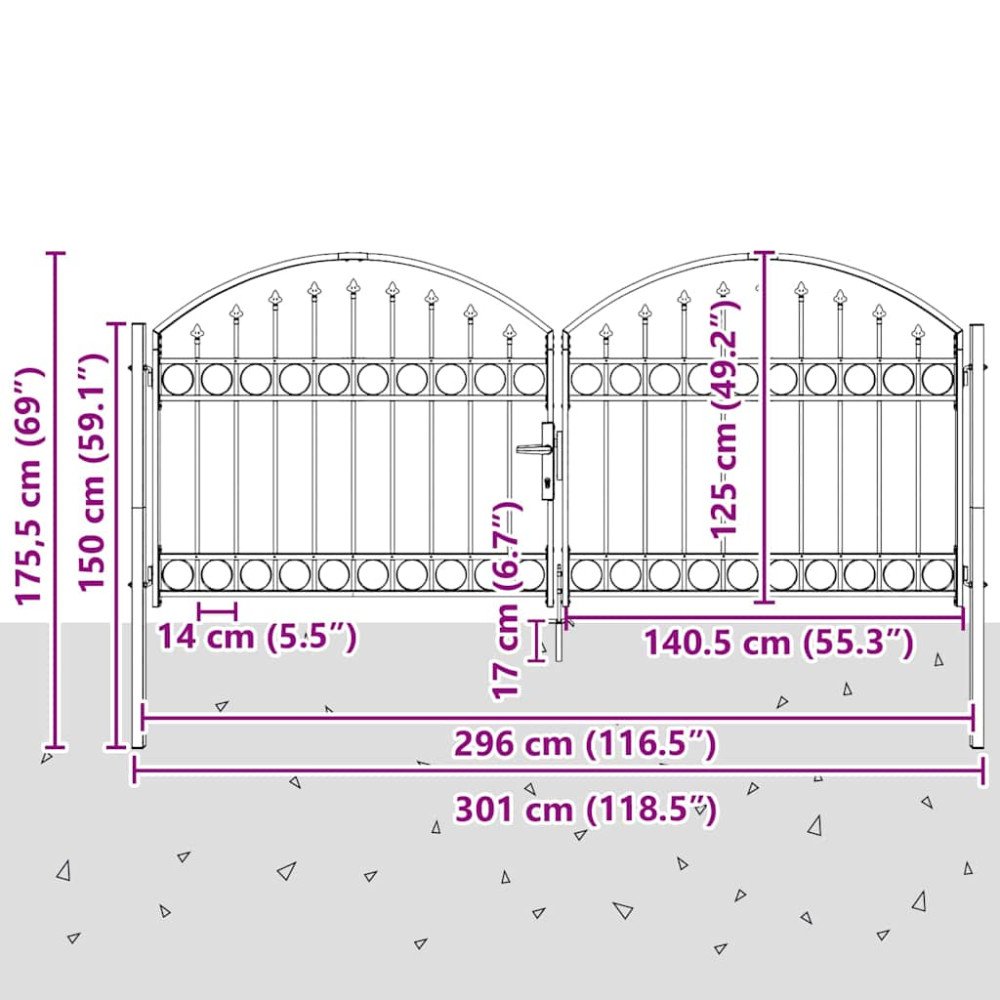 Produktbild för Staketgrind ASSEN 301 x 175,5 cm Stål Grå Låsbar