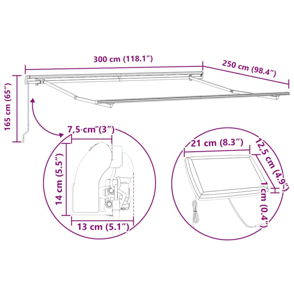Produktbild för Markisram med LED -remsljus Vit 300 x 250 cm Aluminium