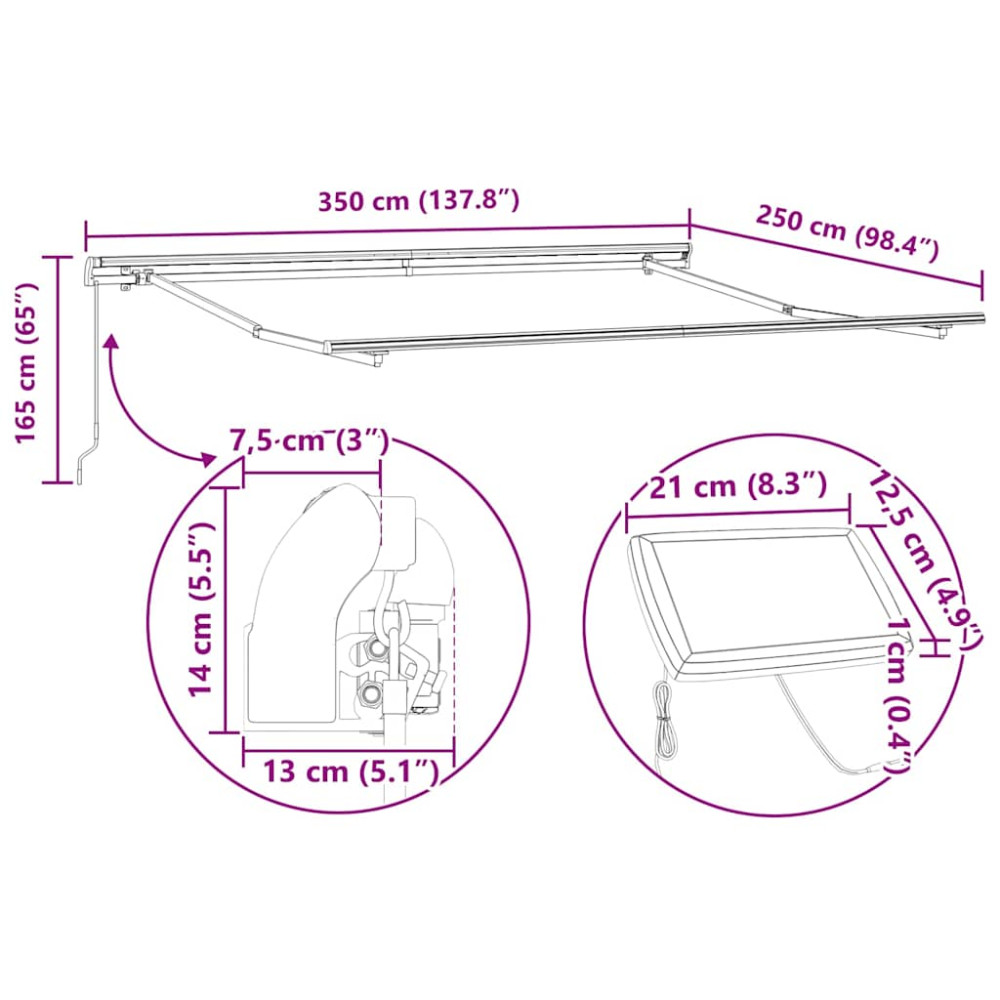 Produktbild för Markisram med LED -remsljus Vit 350 x 250 cm Aluminium