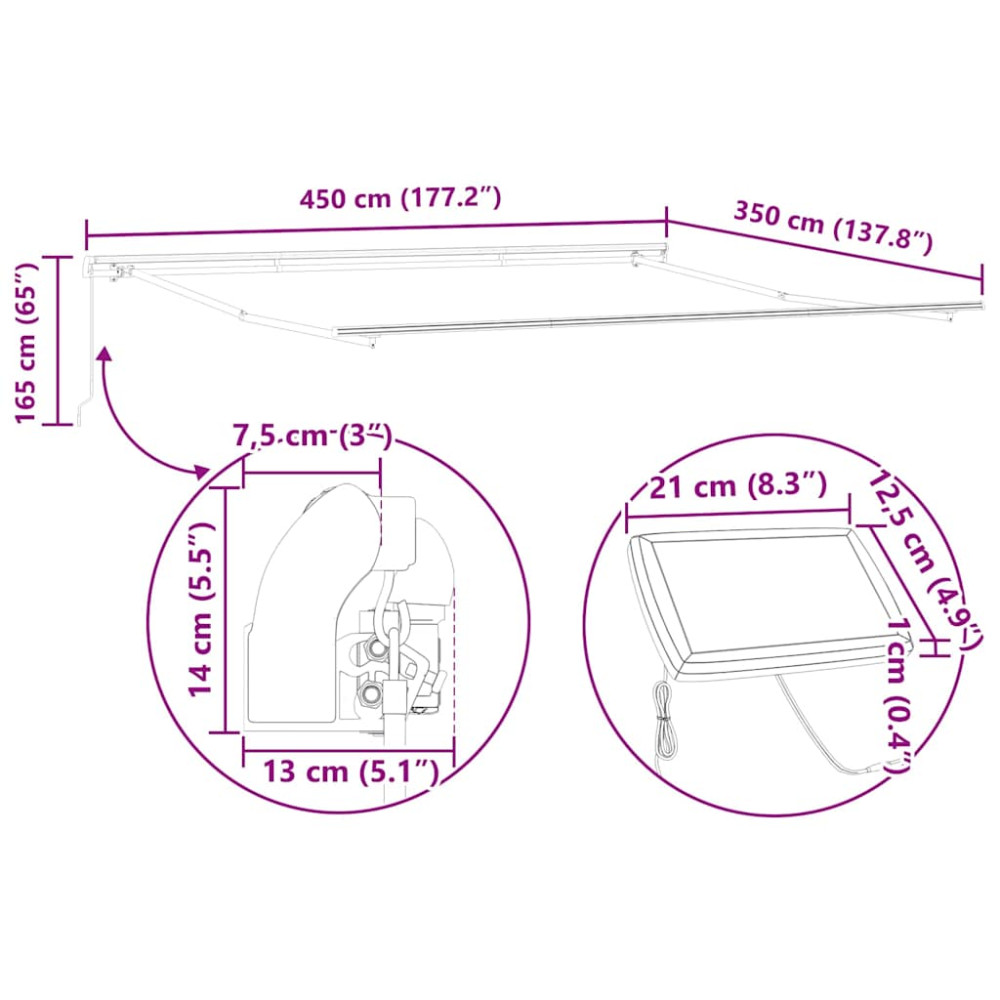 Produktbild för Markisram med LED -remsljus Vit 450 × 350 cm Aluminium