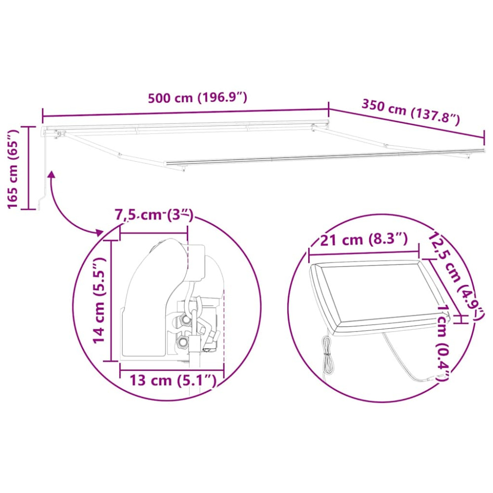 Produktbild för Markisram med LED -remsljus Vit 500 × 350 cm Aluminium