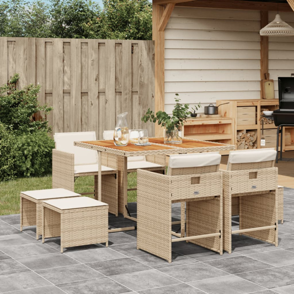 Produktbild för Matgrupp för trädgården med dynor 9 delar beige konstrotting
