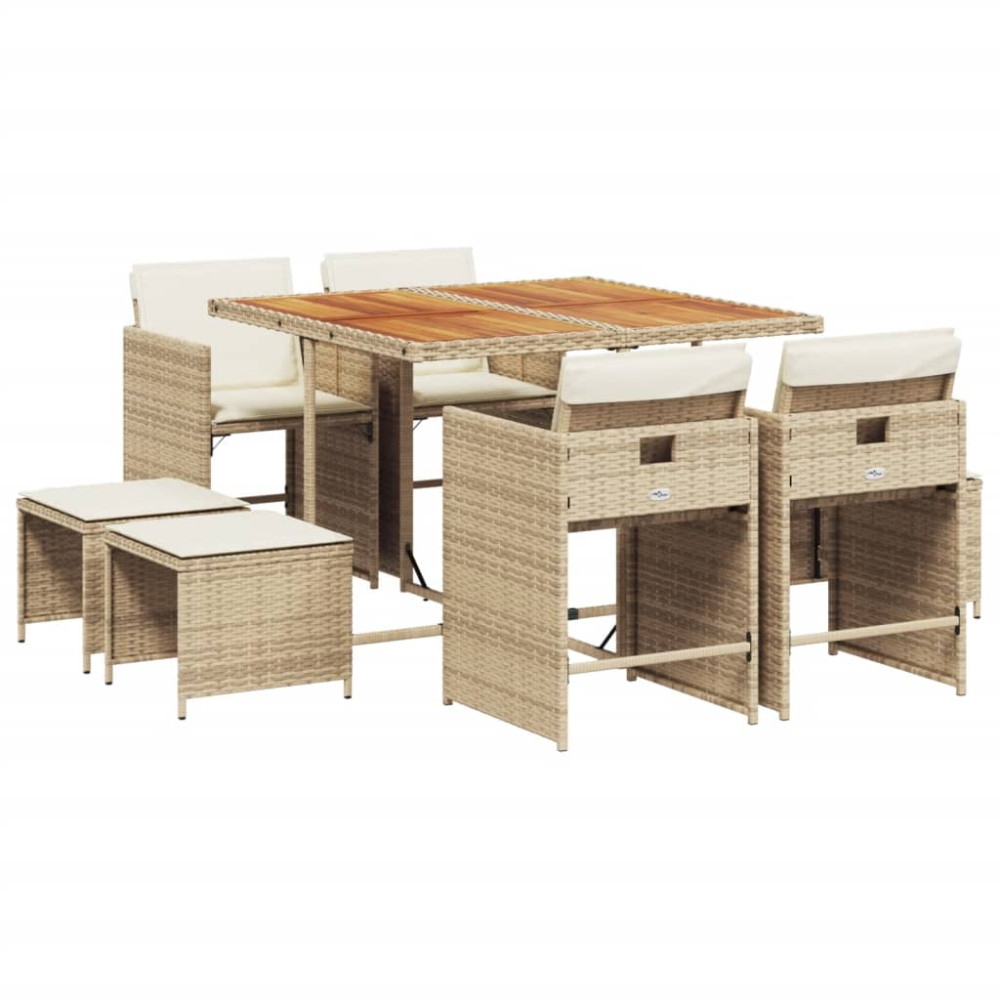 Produktbild för Matgrupp för trädgården med dynor 9 delar beige konstrotting