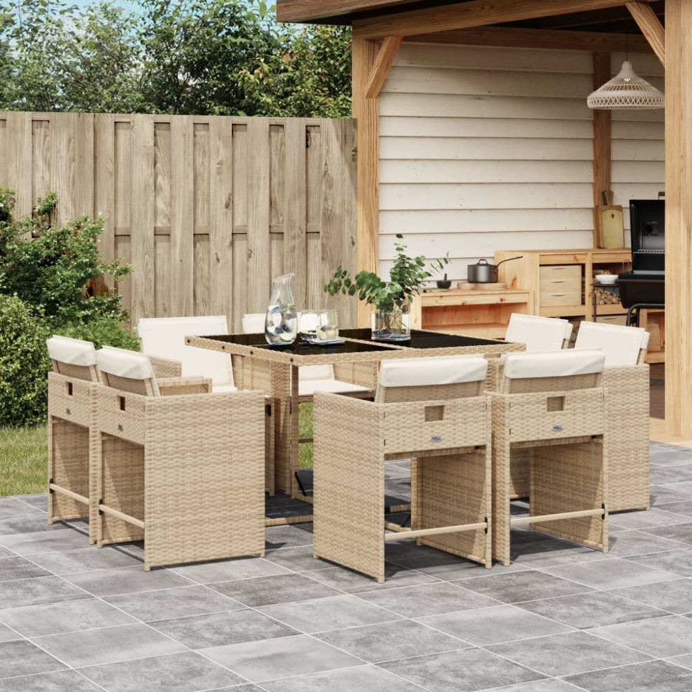 Produktbild för Matgrupp för trädgården med dynor 9 delar beige konstrotting