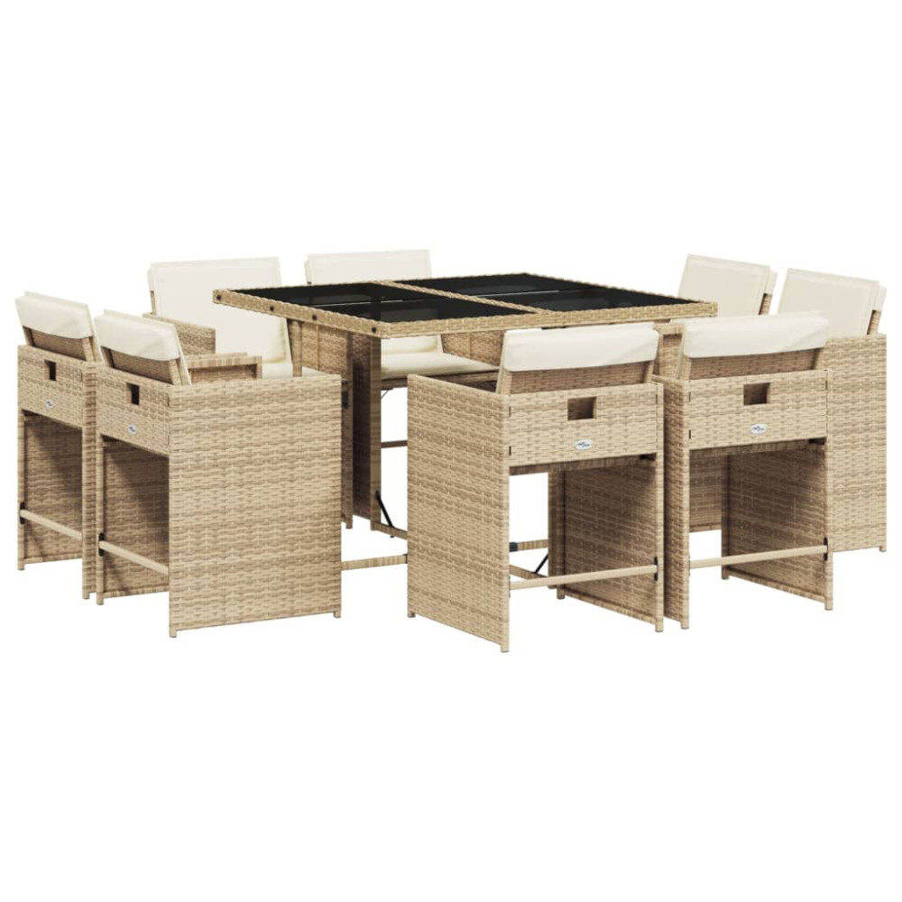 Produktbild för Matgrupp för trädgården med dynor 9 delar beige konstrotting