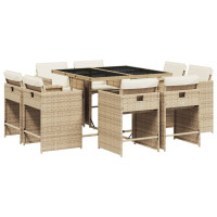 Produktbild för Matgrupp för trädgården med dynor 9 delar beige konstrotting
