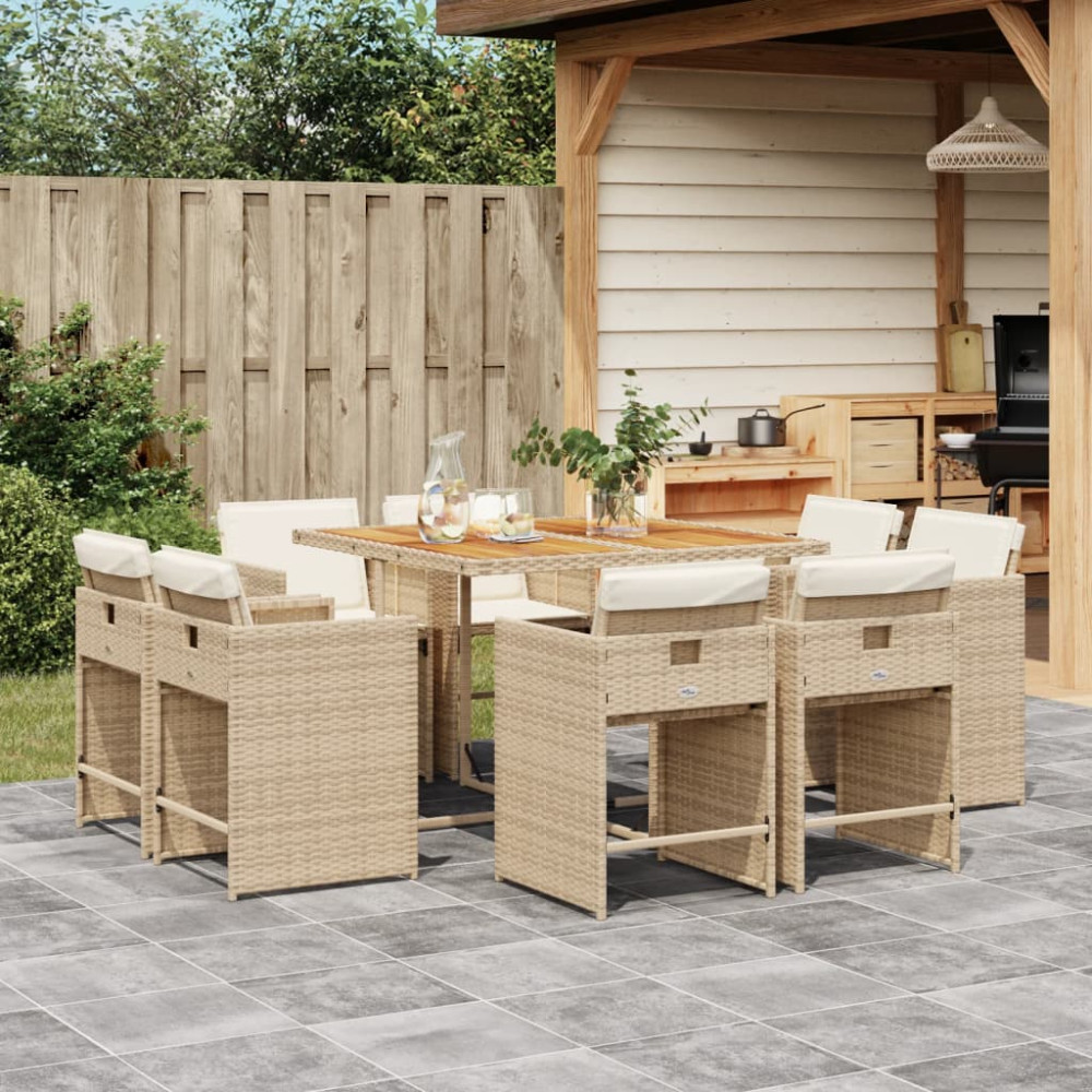Produktbild för Matgrupp för trädgården med dynor 9 delar beige konstrotting
