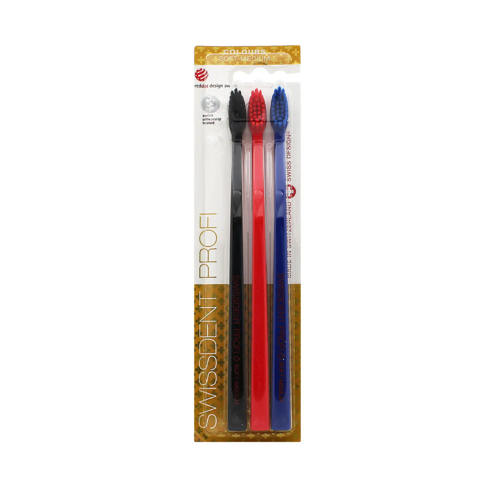 Produktbild för Swissdent Profi Colours Toothbrushes Soft-Medium Black, Red, Blue 3pcs