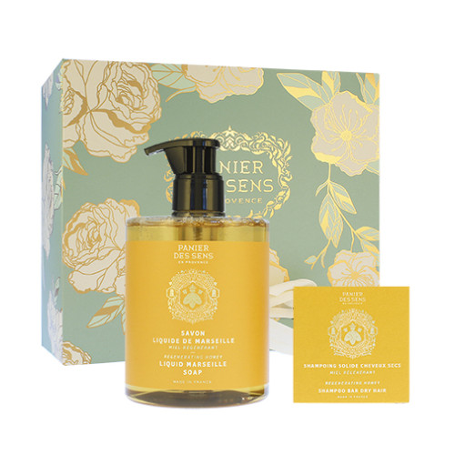 Panier Des Sens Panier Des Sens Regenerating Honey dárková sada tekuté mýdlo 500 ml + tuhý šampon pro suché vlasy 75 g