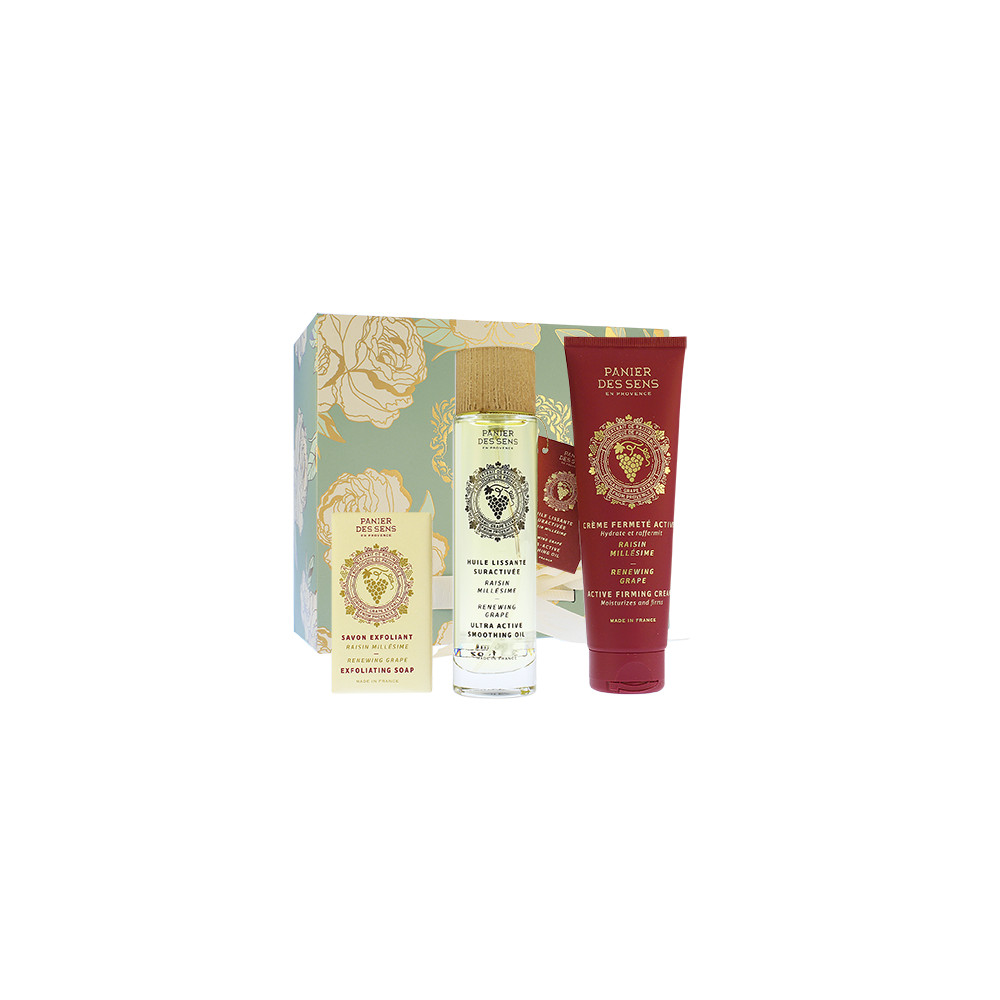 Produktbild för Panier Des Sens Renewing Grape dárková sada exfoliační mýdlo 150 g + suchý tělový olej 100 ml + zpevňující tělový krém 140 ml