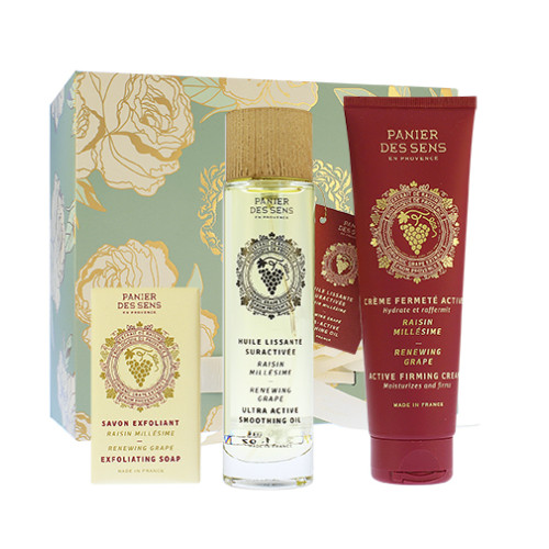 Panier Des Sens Panier Des Sens Renewing Grape dárková sada exfoliační mýdlo 150 g + suchý tělový olej 100 ml + zpevňující tělový krém 140 ml