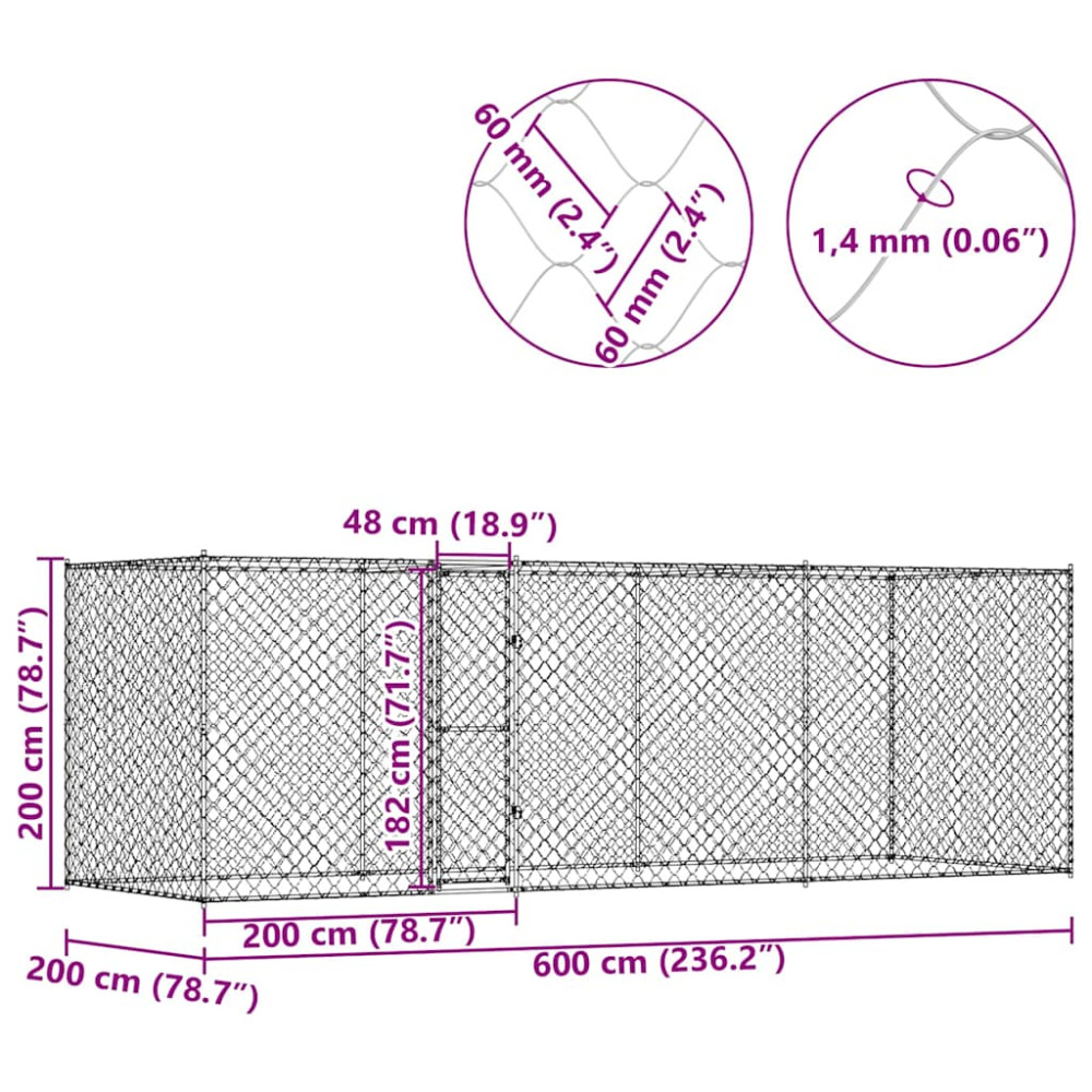Produktbild för Hundbur Silver 600 x 200 x 200 cm Galvaniserat Stål