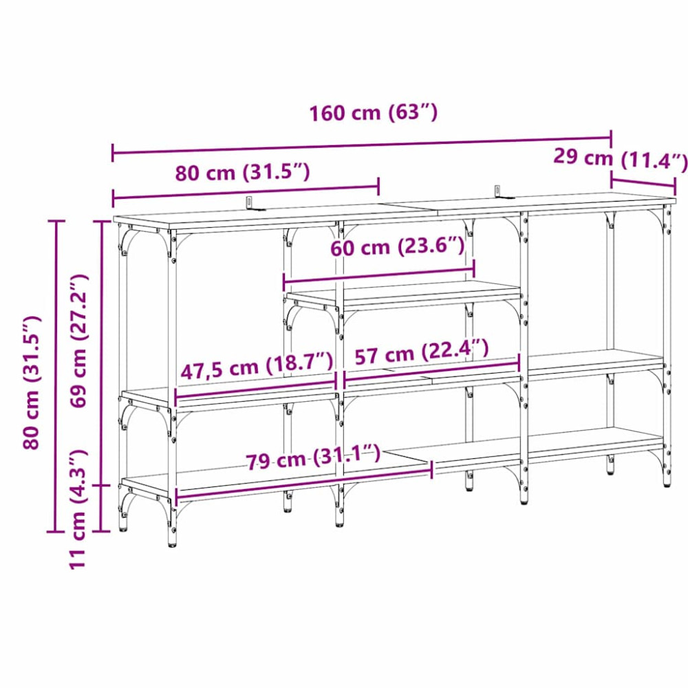 Produktbild för Konsolbord med hylla Svart ek 160 x 29 x 80 cm Konstruerat trä