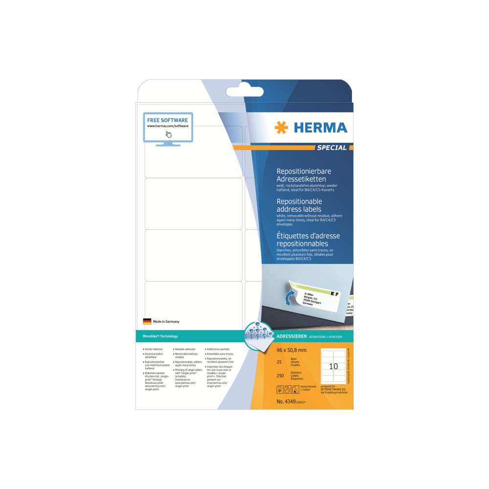 Produktbild för HERMA Special - adresslappar - matt - 250 etikett (er) - 96 x 50.8 mm