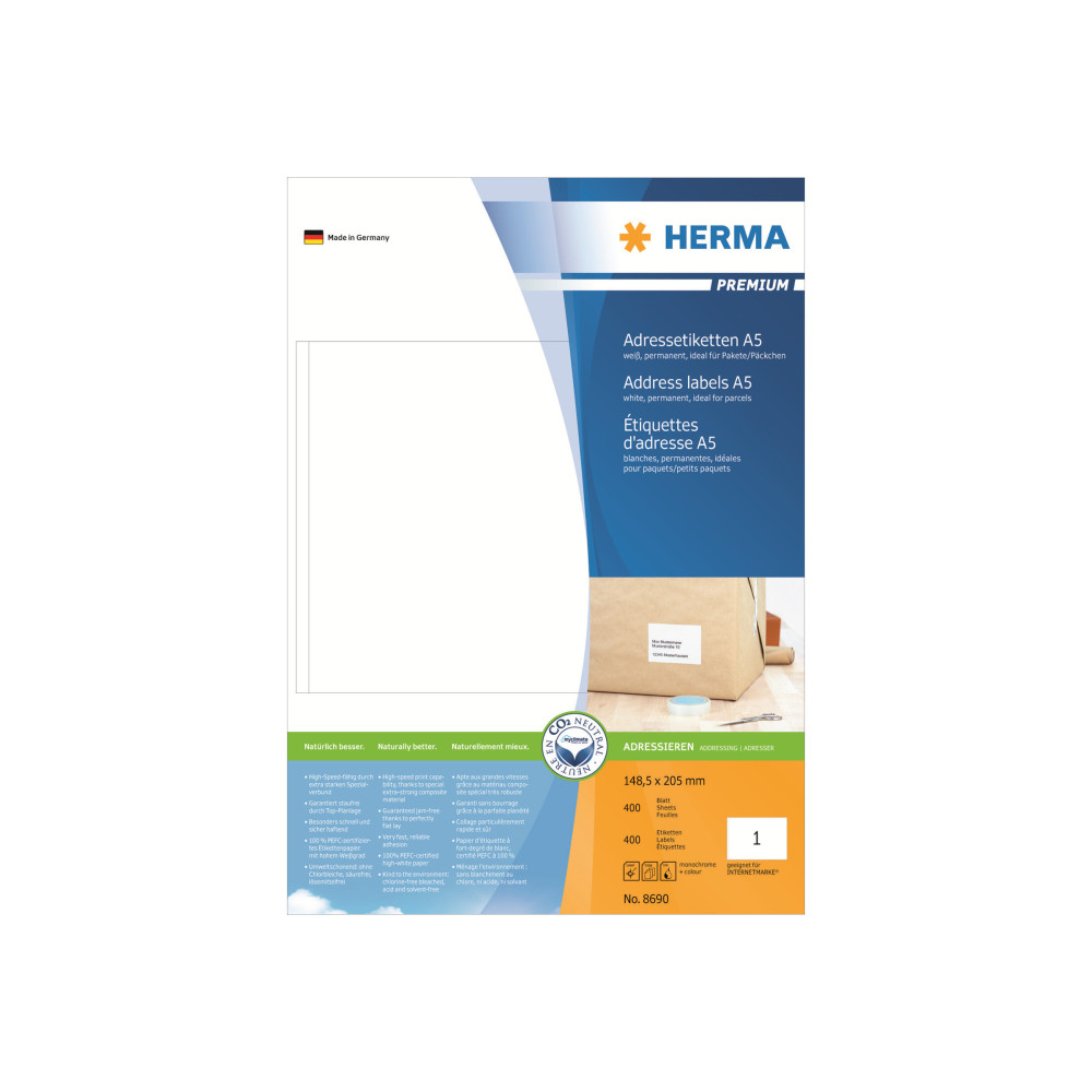 Produktbild för HERMA Premium - laminerade adressetiketter - matt - 400 etikett (er) - 148.5 x 205 mm