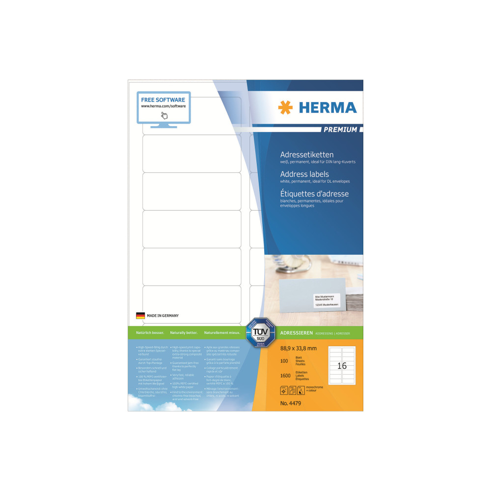 Produktbild för HERMA Premium - laminerade adressetiketter - matt - 1600 etikett (er) - 88.9 x 33.8 mm