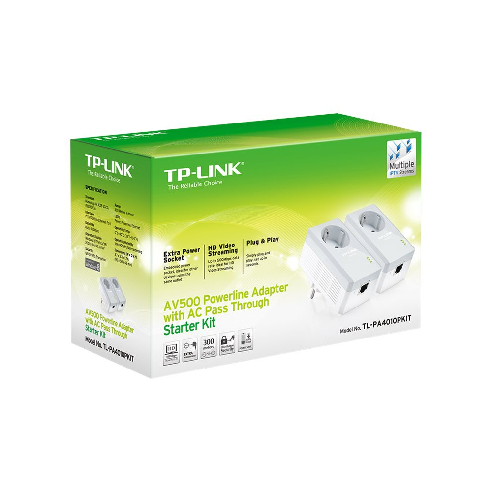 Produktbild för TP-Link TL-PA4010PKIT AV500+ Powerline Kit with AC Pass Through - PowerLine adaptersats - vägginsticksbar