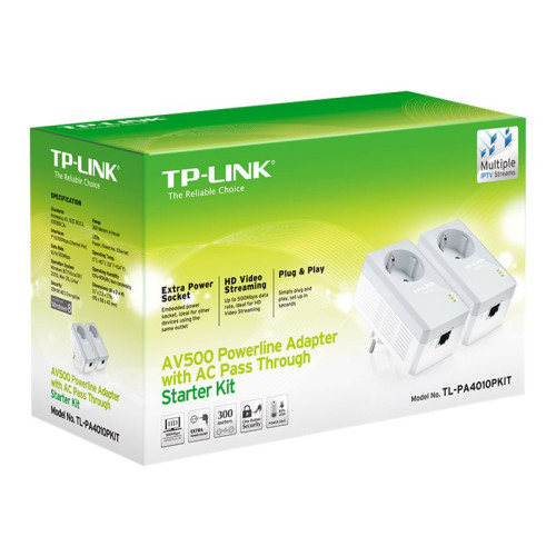 TP-LINK Technologies TP-Link TL-PA4010PKIT AV500+ Powerline Kit with AC Pass Through - PowerLine adaptersats - vägginsticksbar