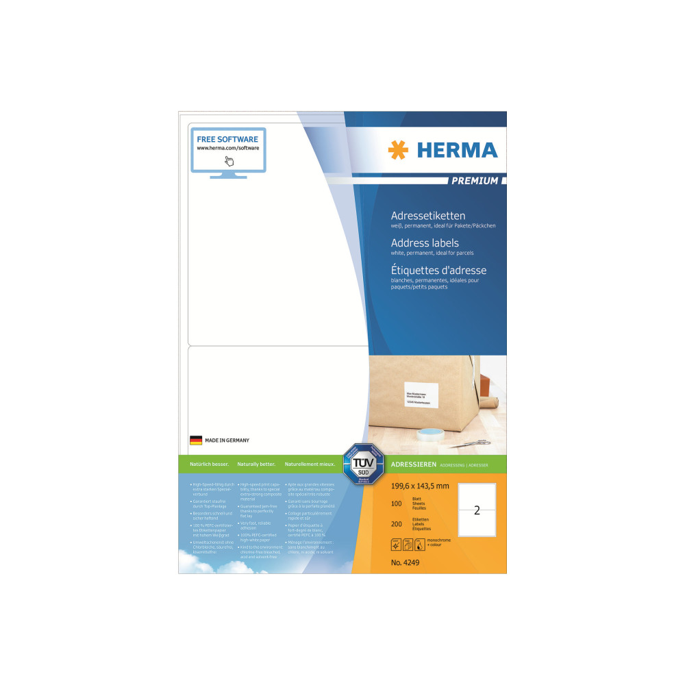 Produktbild för HERMA Premium - laminerade adressetiketter - matt - 200 etikett (er) - 199.6 x 143.5 mm