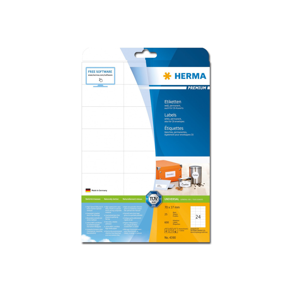 Produktbild för HERMA Premium - laminerade etiketter - matt - 600 etikett (er) - 70 x 37 mm