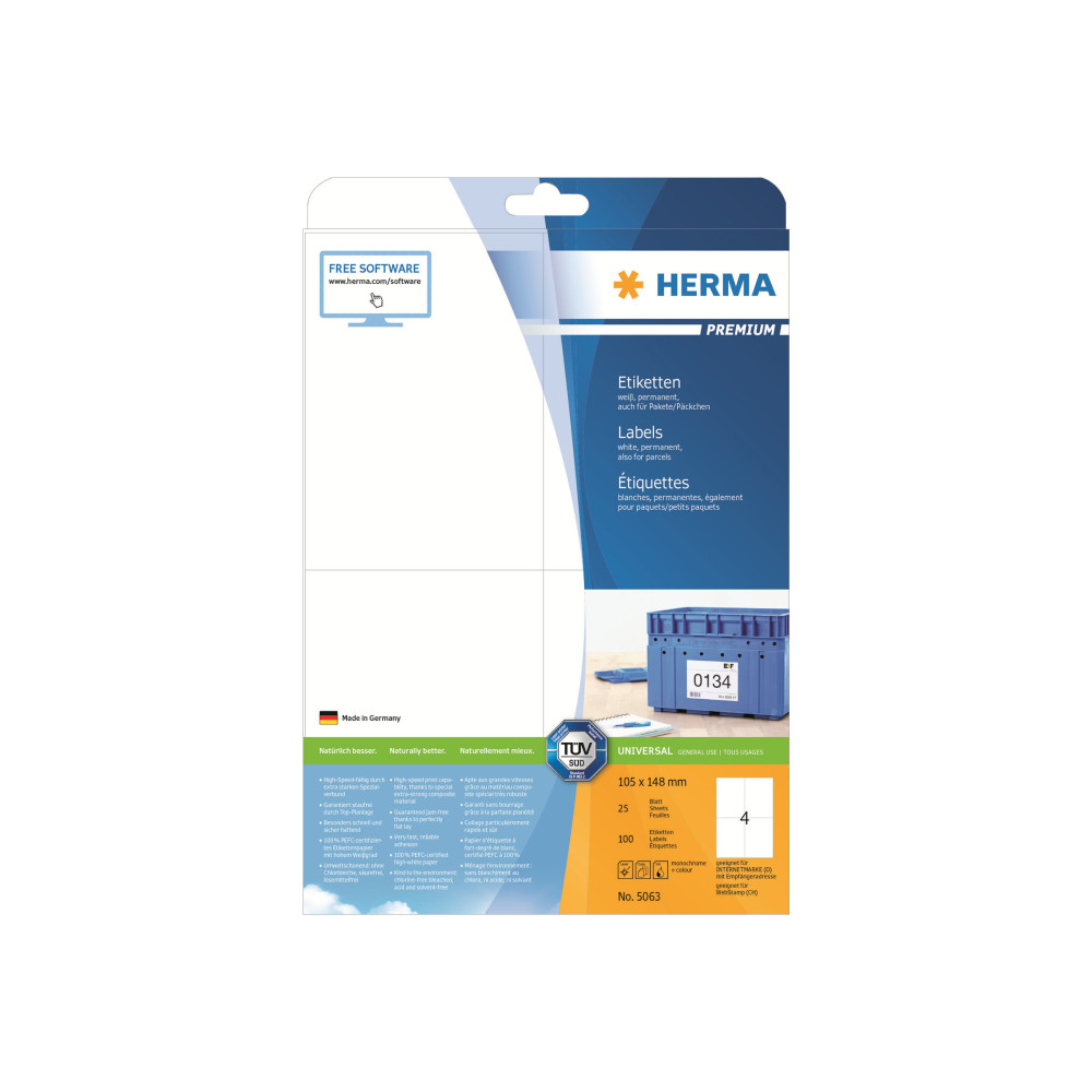 Produktbild för HERMA Premium - laminerade etiketter - matt - 100 etikett (er) - 148 x 105 mm