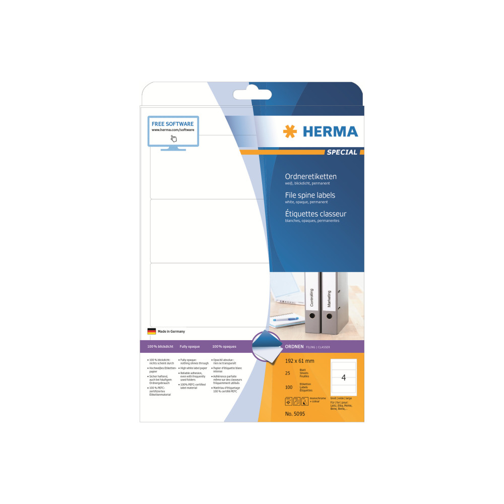 Produktbild för HERMA Special - ogenomskinliga pärmetiketter - matt - 100 etikett (er) - 192 x 61 mm