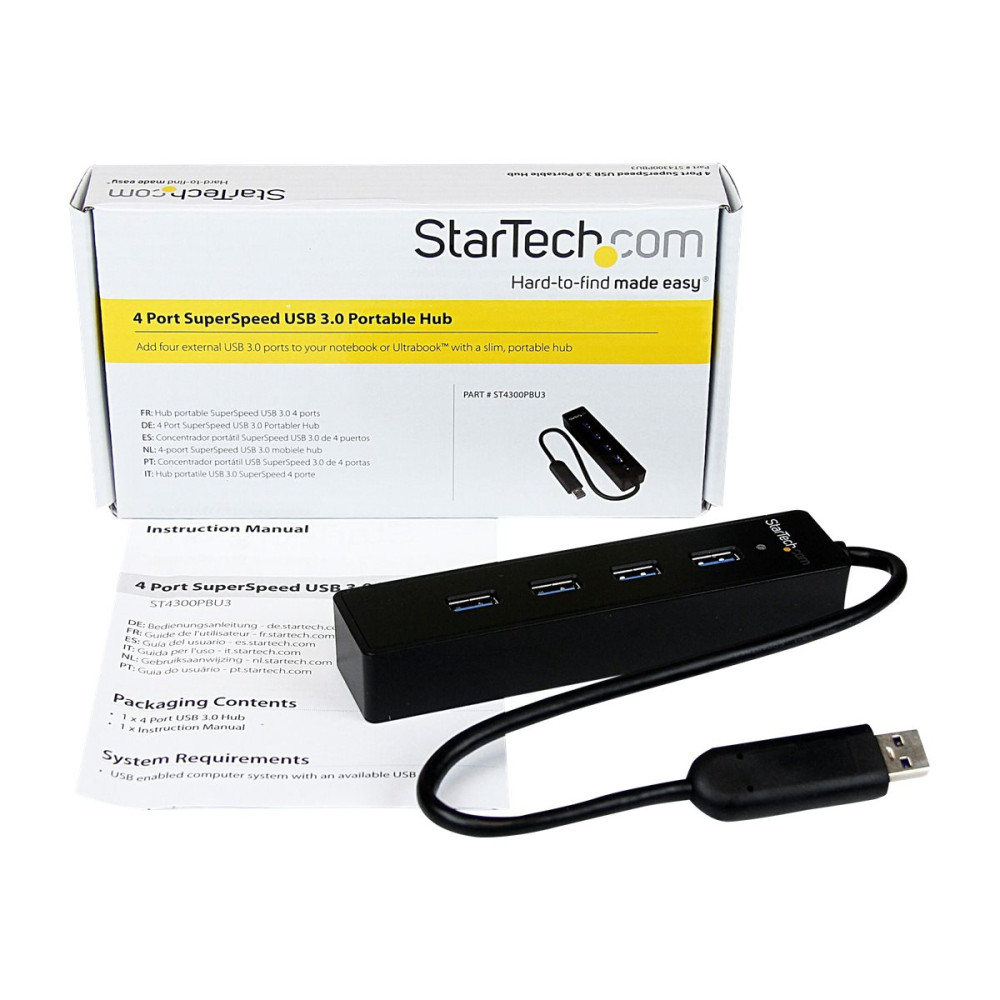 Produktbild för Startech 4-Port USB 3.0 Hub with Built-in Cable - SuperSpeed Laptop USB Hub - Portable USB Splitter - Mini USB Hub (ST4300PBU3) - hubb - 4 portar