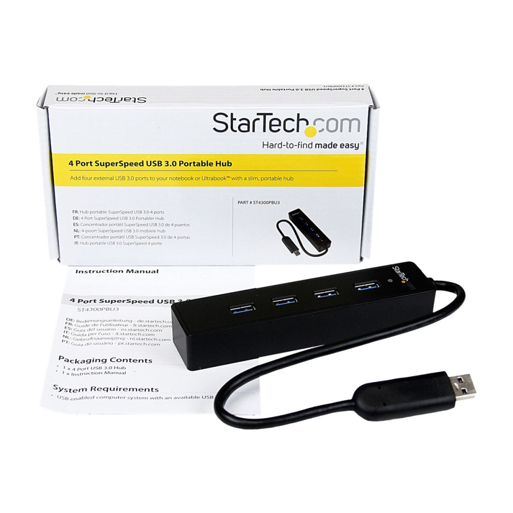 Produktbild för Startech 4-Port USB 3.0 Hub with Built-in Cable - SuperSpeed Laptop USB Hub - Portable USB Splitter - Mini USB Hub (ST4300PBU3) - hubb - 4 portar