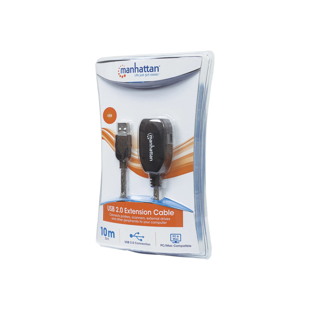 Produktbild för Manhattan USB-A to USB-A Extension Cable, 10m, Male to Female, Active, 480 Mbps (USB 2.0), Daisy-Chainable, Built In Repeater, Hi-Speed USB, Black, Three Year Warranty, Blister - USB-förlängningskabel - 10 m