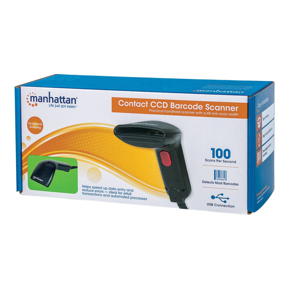 Produktbild för Manhattan Contact CCD Handheld Barcode Scanner, USB, 60mm Scan Width, Cable 152cm, Max Ambient Light 5,000 lux (sunlight), Black, Three Year Warranty, Box - streckkodsskanner