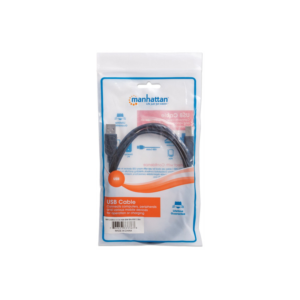 Produktbild för Manhattan USB-A to USB-B Cable, 1.8m, Male to Male, Black, 480 Mbps (USB 2.0), Hi-Speed USB, Lifetime Warranty, Polybag - USB-kabel - USB till USB typ B - 1.8 m