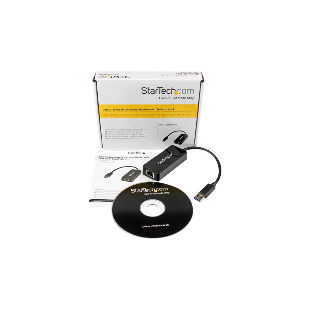 Produktbild för Startech USB 3.0 Ethernet Adapter - USB 3.0 Network Adapter NIC with USB Port - USB to RJ45 - USB Passthrough (USB31000SPTB) - nätverksadapter - USB 3.0 - Gigabit Ethernet