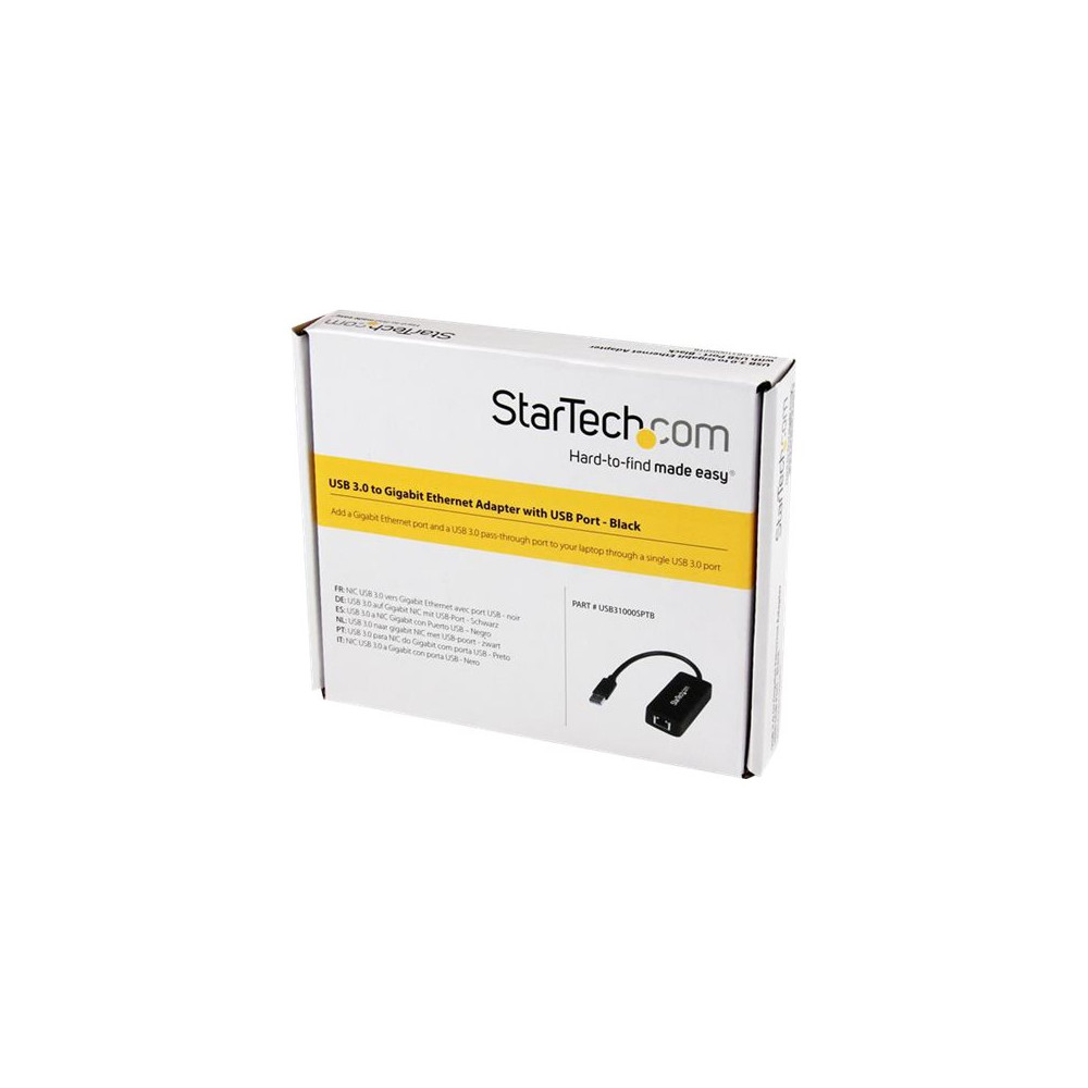 Produktbild för Startech USB 3.0 Ethernet Adapter - USB 3.0 Network Adapter NIC with USB Port - USB to RJ45 - USB Passthrough (USB31000SPTB) - nätverksadapter - USB 3.0 - Gigabit Ethernet