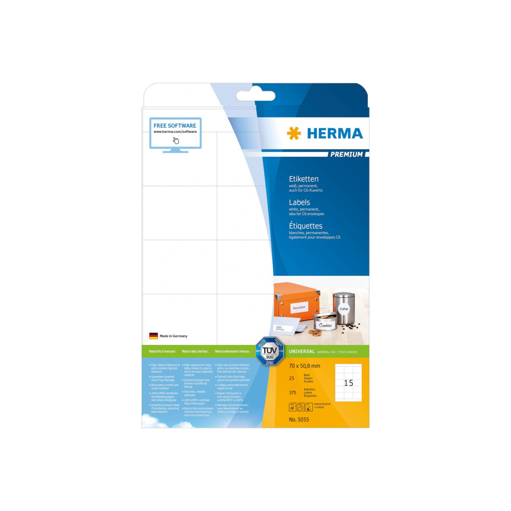 Produktbild för HERMA Premium - laminerade etiketter - matt - 375 etikett (er) - 70 x 50.8 mm