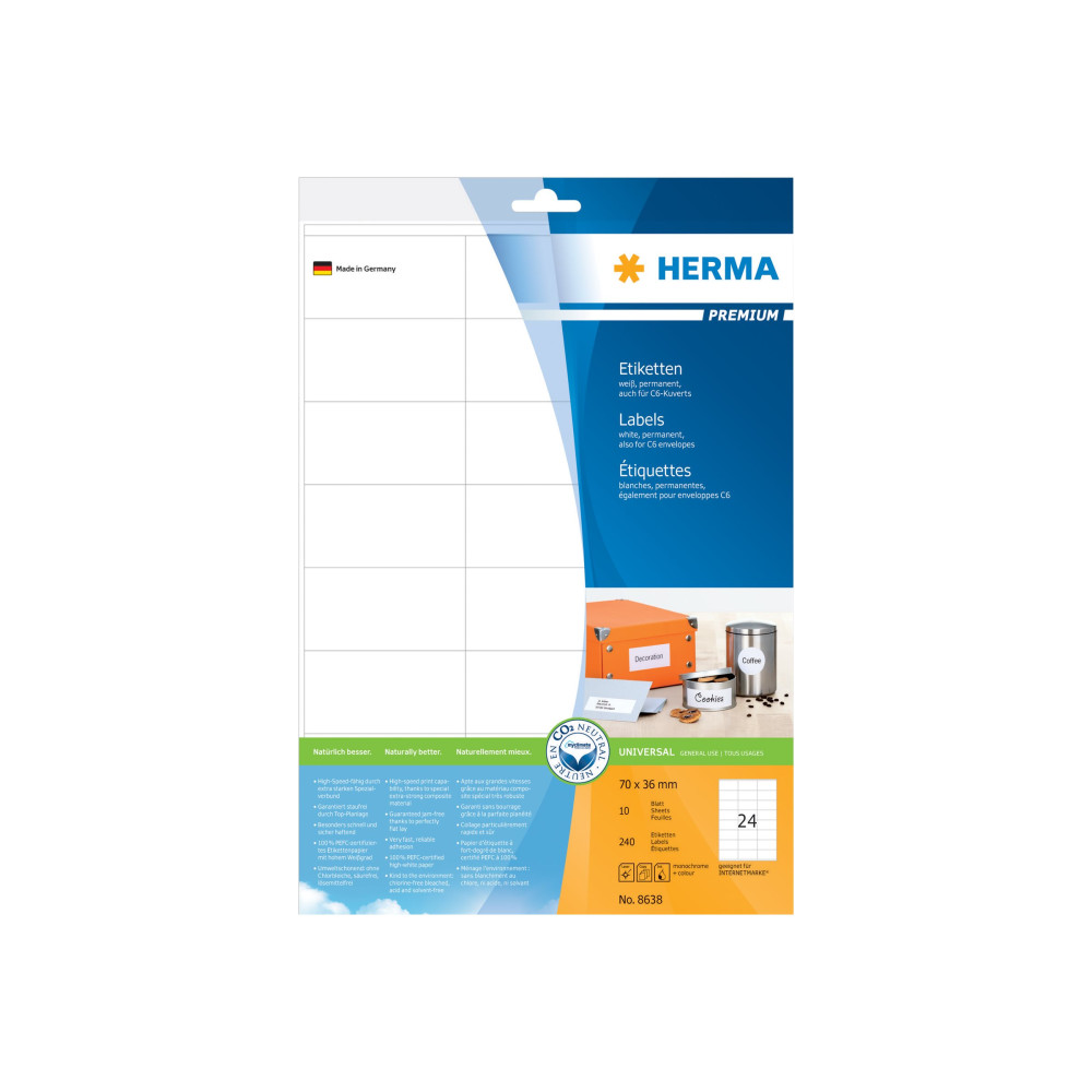 Produktbild för HERMA Premium - laminerade etiketter - matt - 240 etikett (er) - 70 x 36 mm