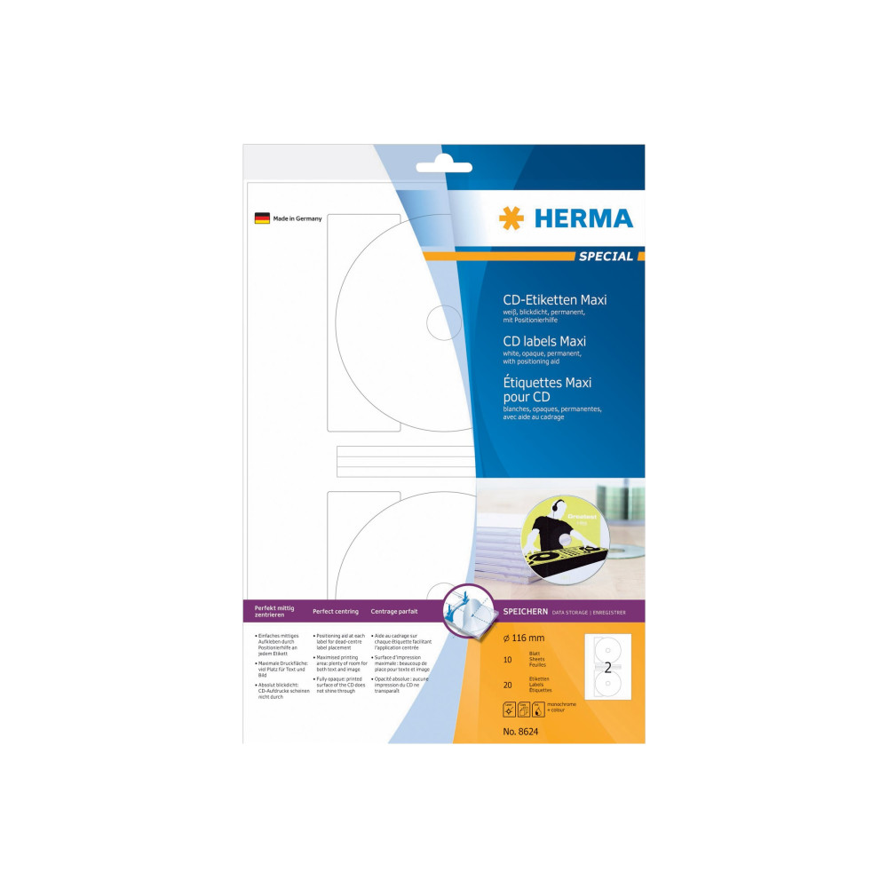 Produktbild för HERMA Special Maxi - ogenomskinliga CD/DVD-etiketter - matt - 20 etikett (er) - 116 mm rund