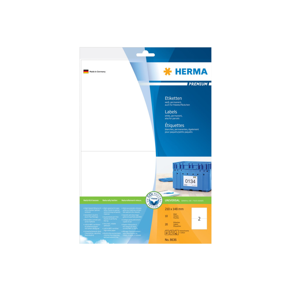 Produktbild för HERMA Premium - laminerade adressetiketter - matt - 20 etikett (er) - 210 x 148 mm