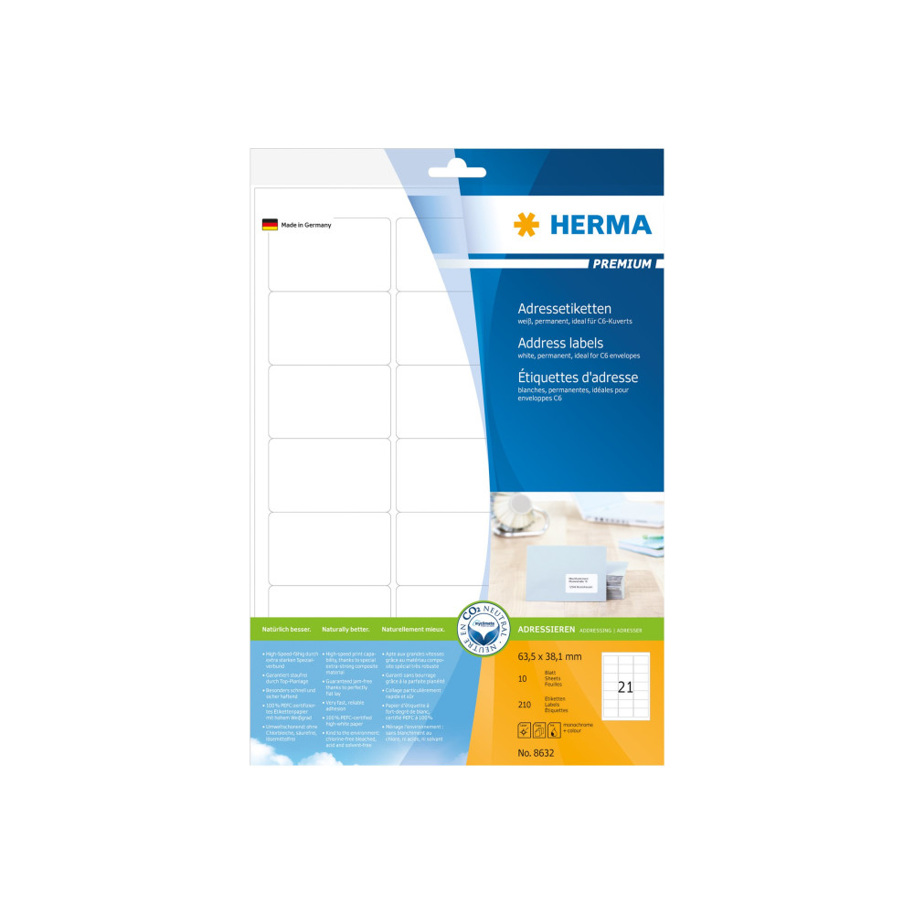 Produktbild för HERMA Premium - laminerade adressetiketter - matt - 210 etikett (er) - 63.5 x 38.1 mm