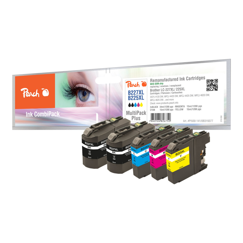 Produktbild för Peach Multi Pack Plus - 5-pack - svart, gul, cyan, magenta - kompatibel - bläckpatron (alternativ för: Brother LC-225XLC, Brother LC-225XLM, Brother LC-225XLY, Brother LC-227XLBK)