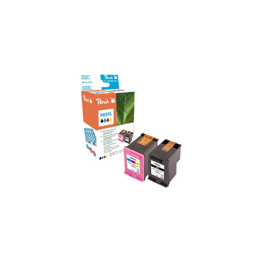 Produktbild för Peach - 2-pack - svart, färg (cyan, magenta, gul) - kompatibel - återanvänd - bläckpatron (alternativ för: HP 62XL, HP C2P05AE, HP C2P07AE)
