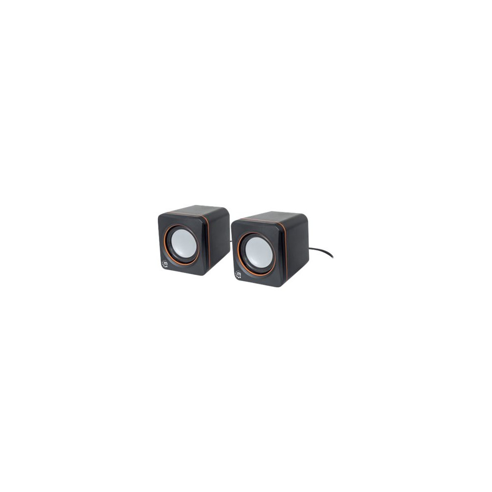 Produktbild för Manhattan 2600 Series Speaker System, Small Size, Big Sound, Two Speakers, Stereo, USB power, Output: 2x 3W, 3.5mm plug for sound, In-Line volume control, Cable 0.9m, Black, Three Year Warranty, Box - högtalare - för persondator