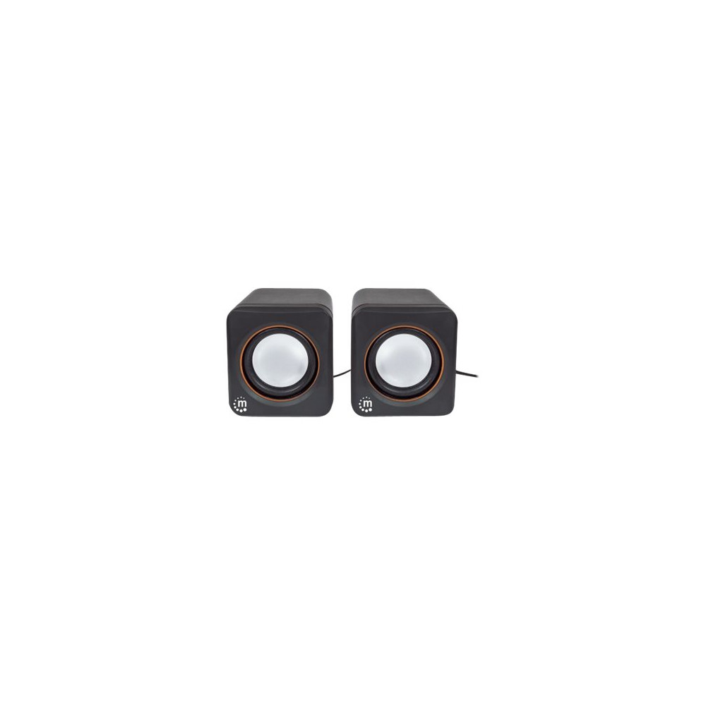 Produktbild för Manhattan 2600 Series Speaker System, Small Size, Big Sound, Two Speakers, Stereo, USB power, Output: 2x 3W, 3.5mm plug for sound, In-Line volume control, Cable 0.9m, Black, Three Year Warranty, Box - högtalare - för persondator